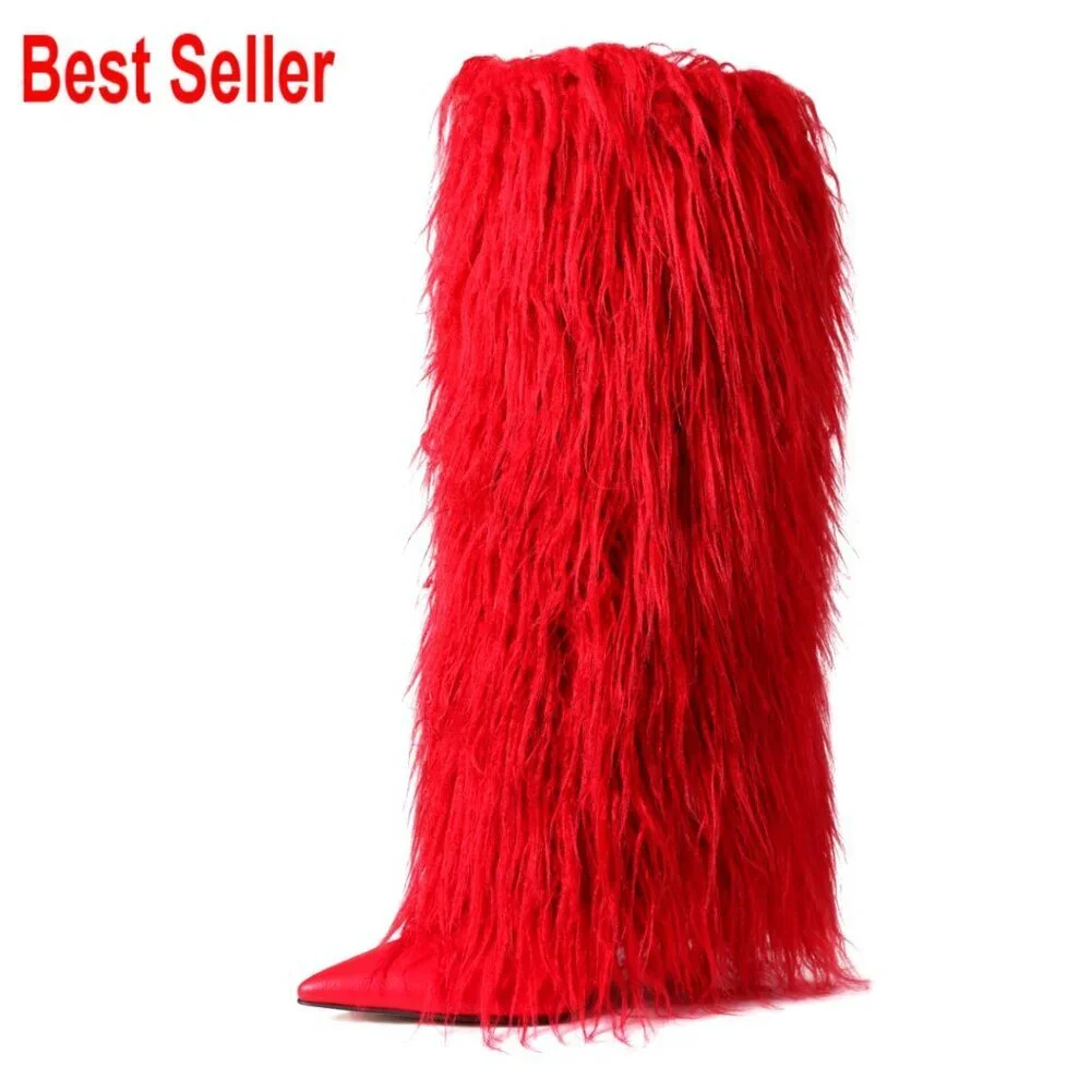 Faux Fur Knee High Boots with Stiletto Heel and Pointed Toe